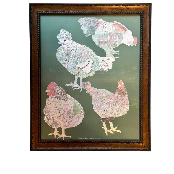 Framed Jill Bliss Chicken Artwork Framed 23" X 19" Country Farmhouse Boho Chic - Picture 1 of 8